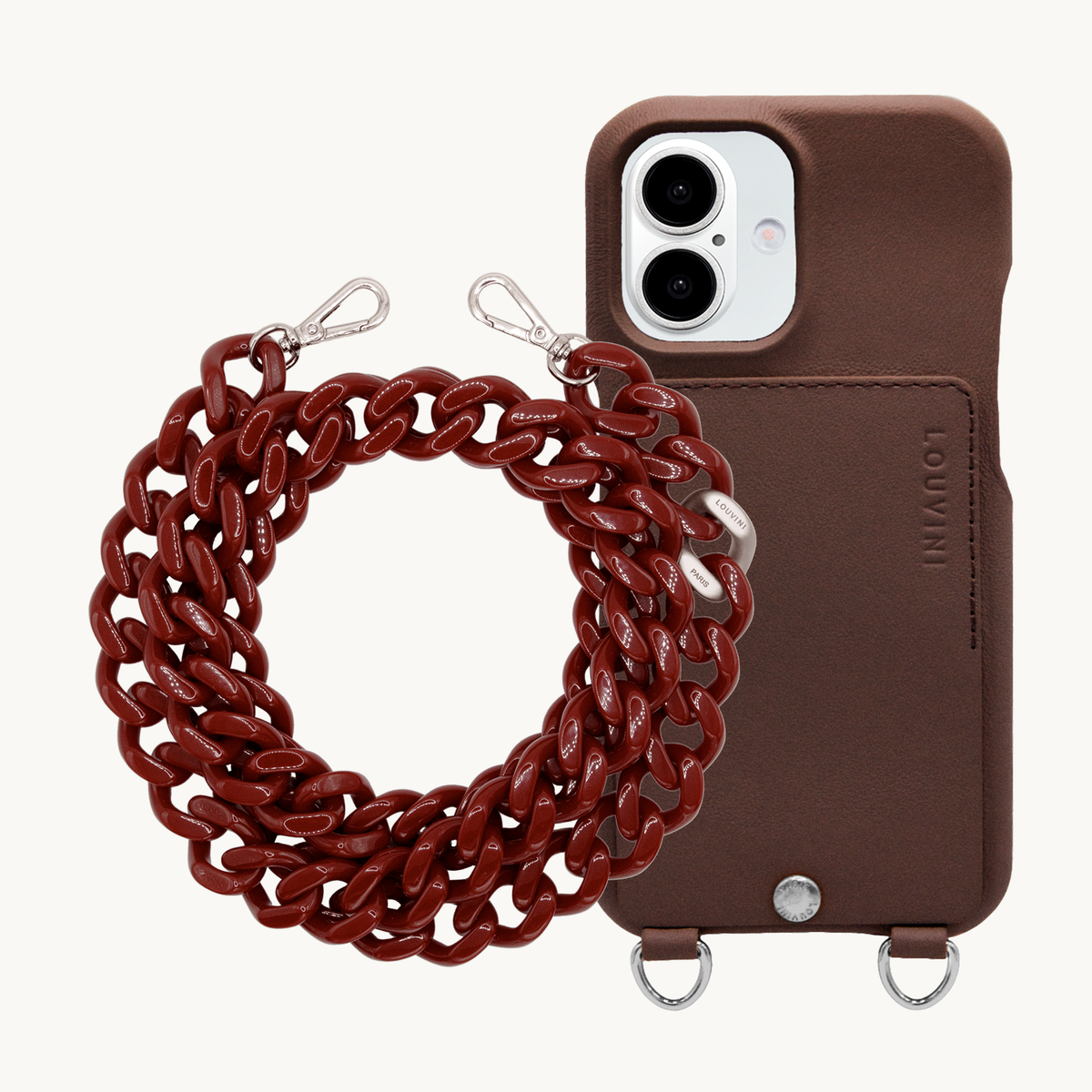 Coque iPhone OSCAR Argenté Marron & Chaîne ZOE Argenté Bordeaux