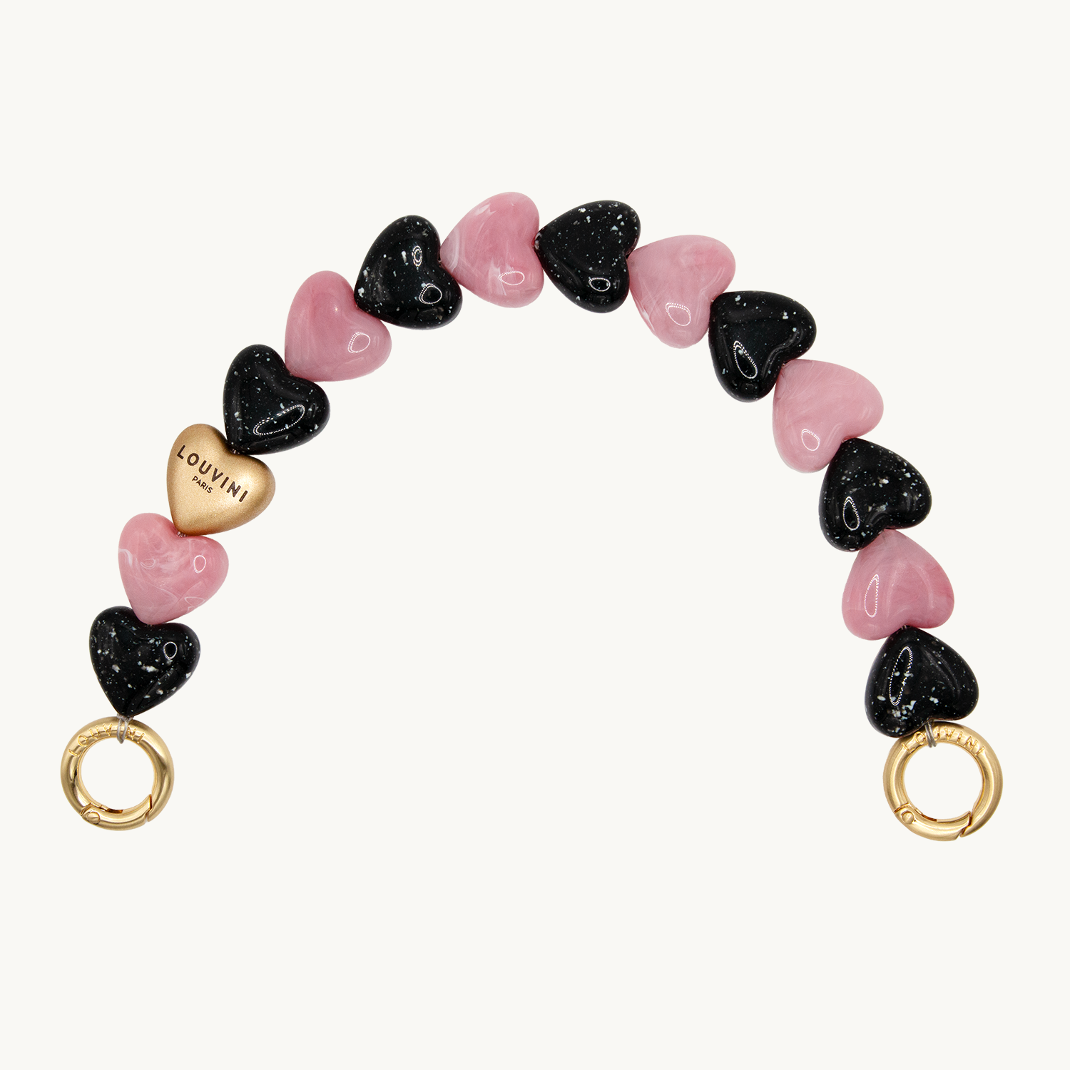 Bracelet de téléphone petit coeur en résine noir rose