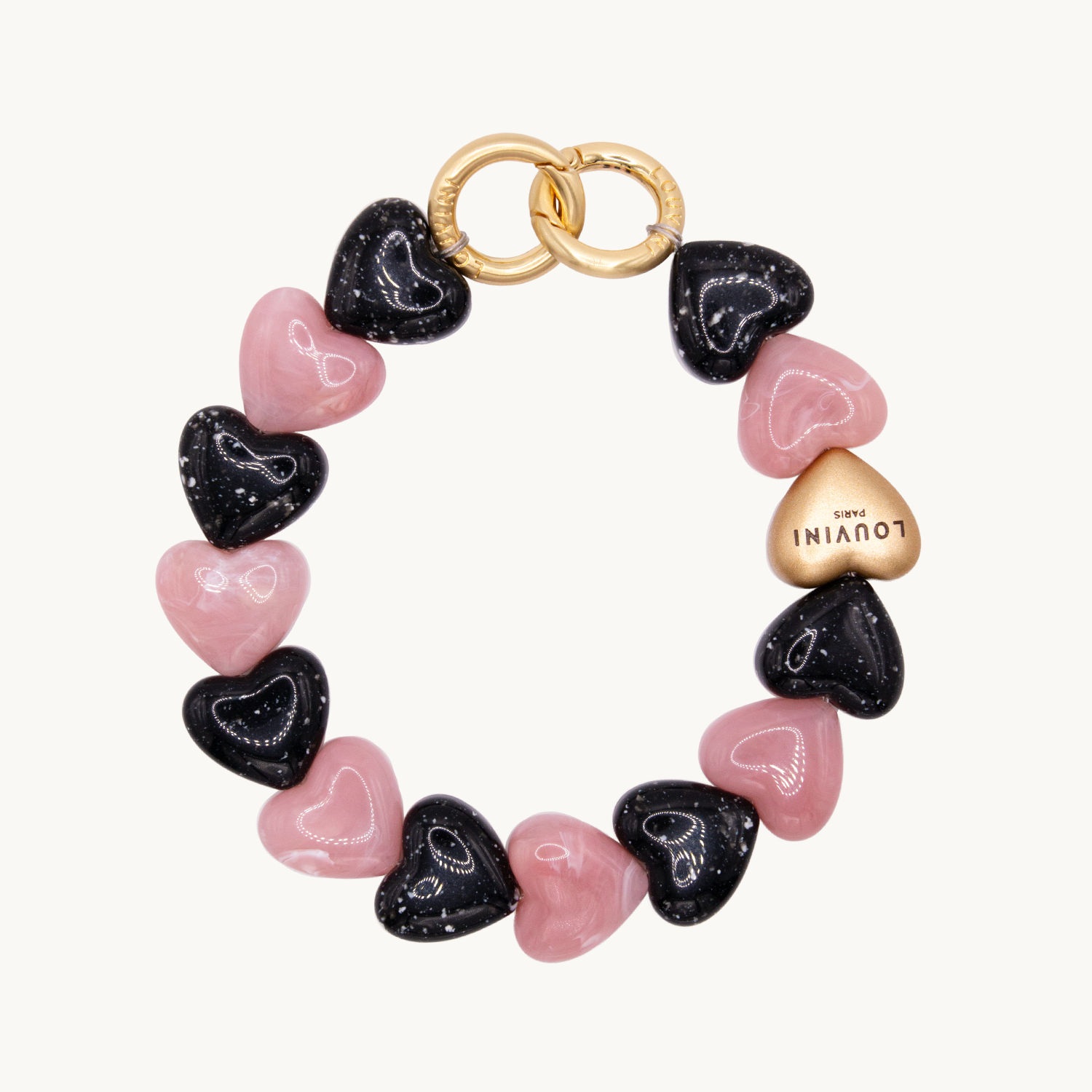 Bracelet de téléphone petit coeur en résine noir rose