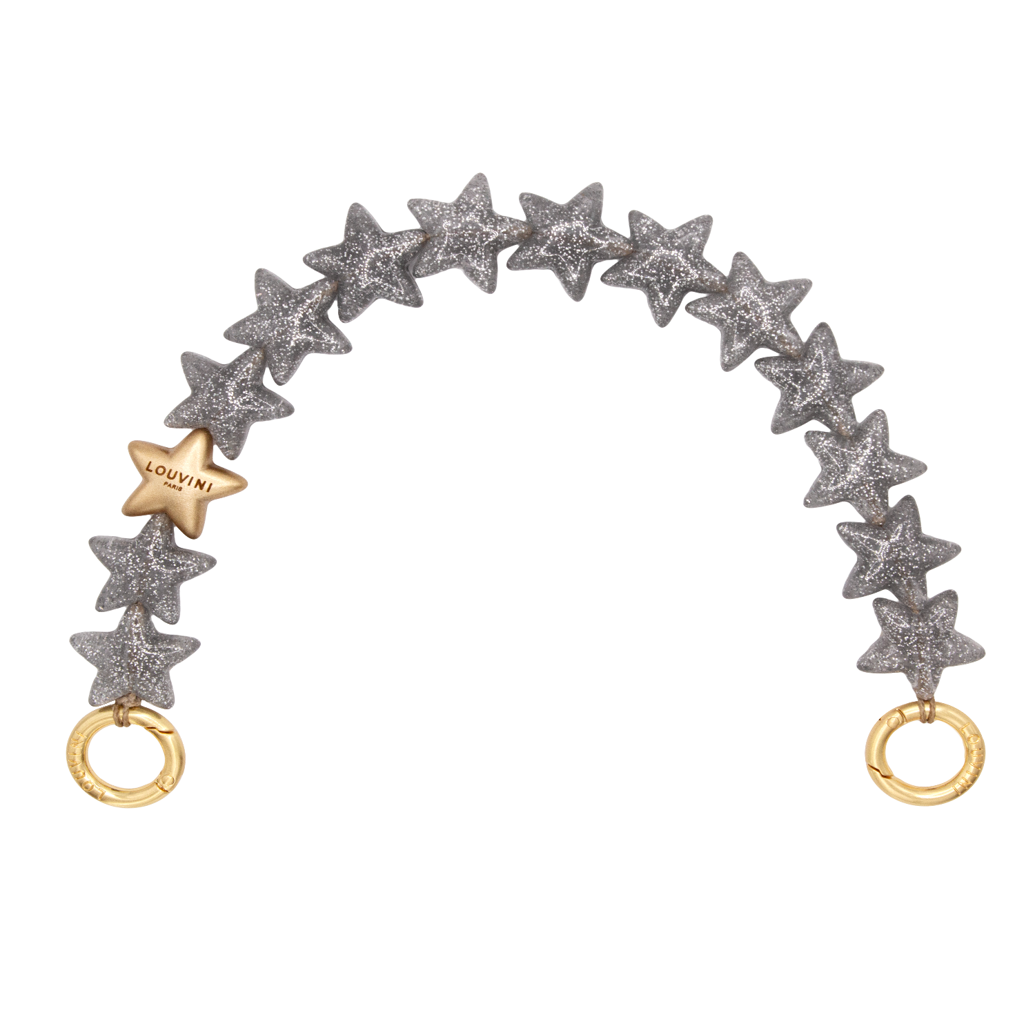 Bracelet de téléphone étoiles argenté à paillettes et anneaux dorés