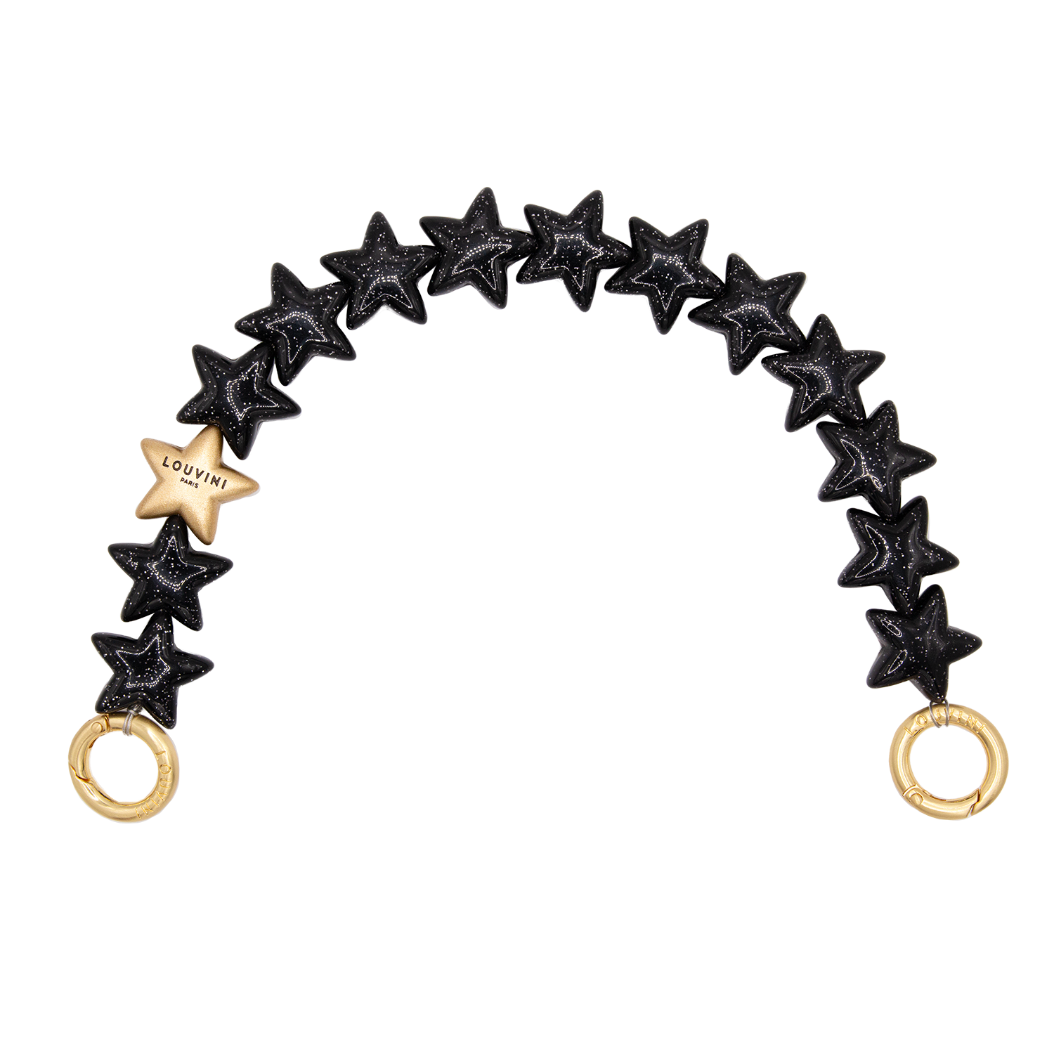 Bracelet de téléphone étoiles noir à paillettes et anneaux dorés