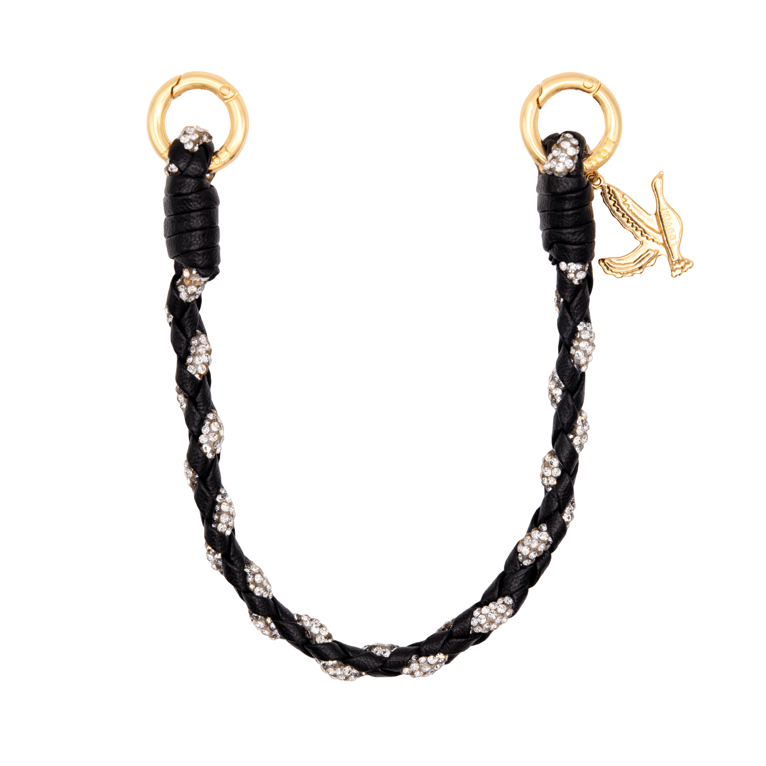 Bracelet de téléphone tressé en cuir noir à strass avec mousquetons dorés