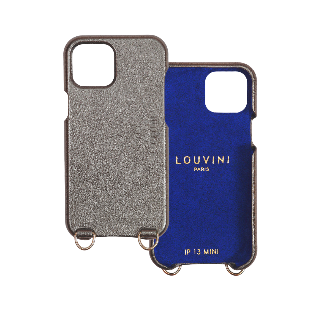 coque en cuir iPhone 13 mini anthracite métallisé avec anneaux