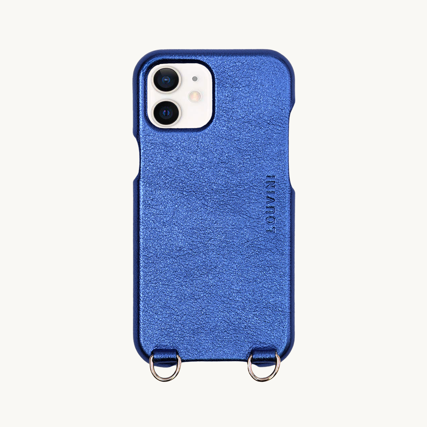Coque iPhone avec étui en cuir bleu métallique anneaux dorés