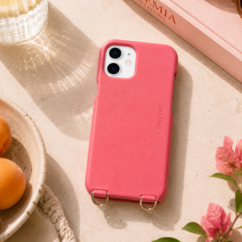 coque iphone 12 13 mini en cuir rose corail blush avec anneaux