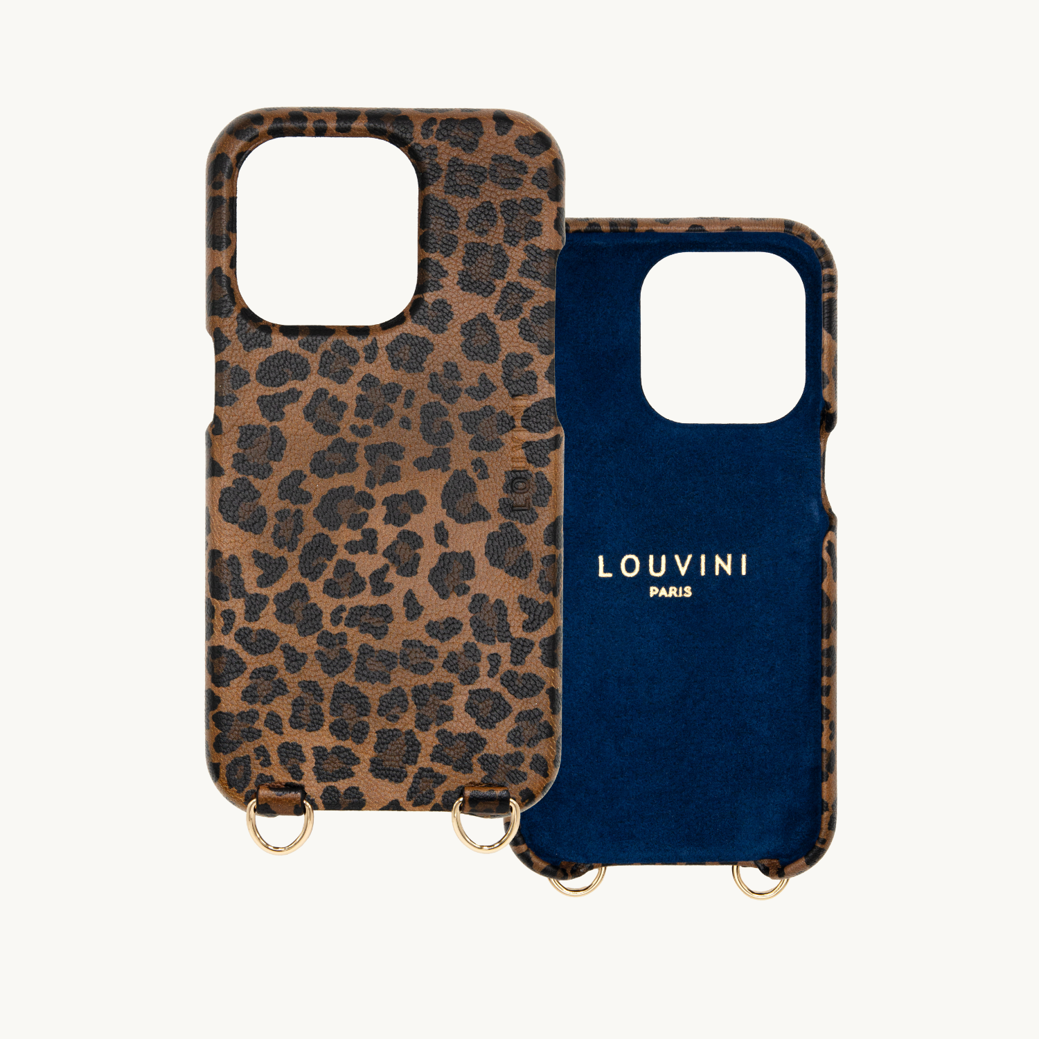 Coque pour iPhone en cuir imprimé léopard anneaux dorés