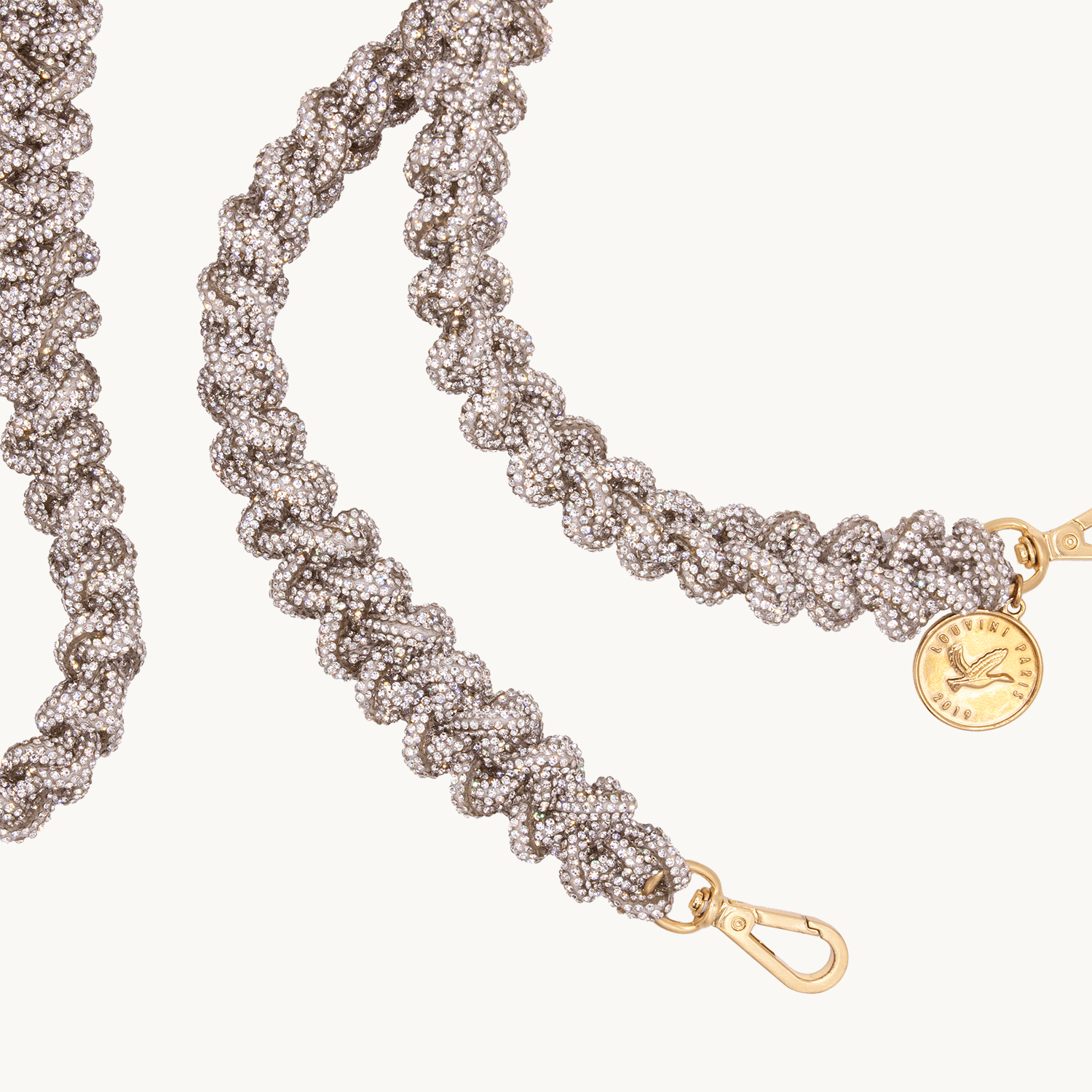 Cordon de telephone bandouliere tresse a strass argente