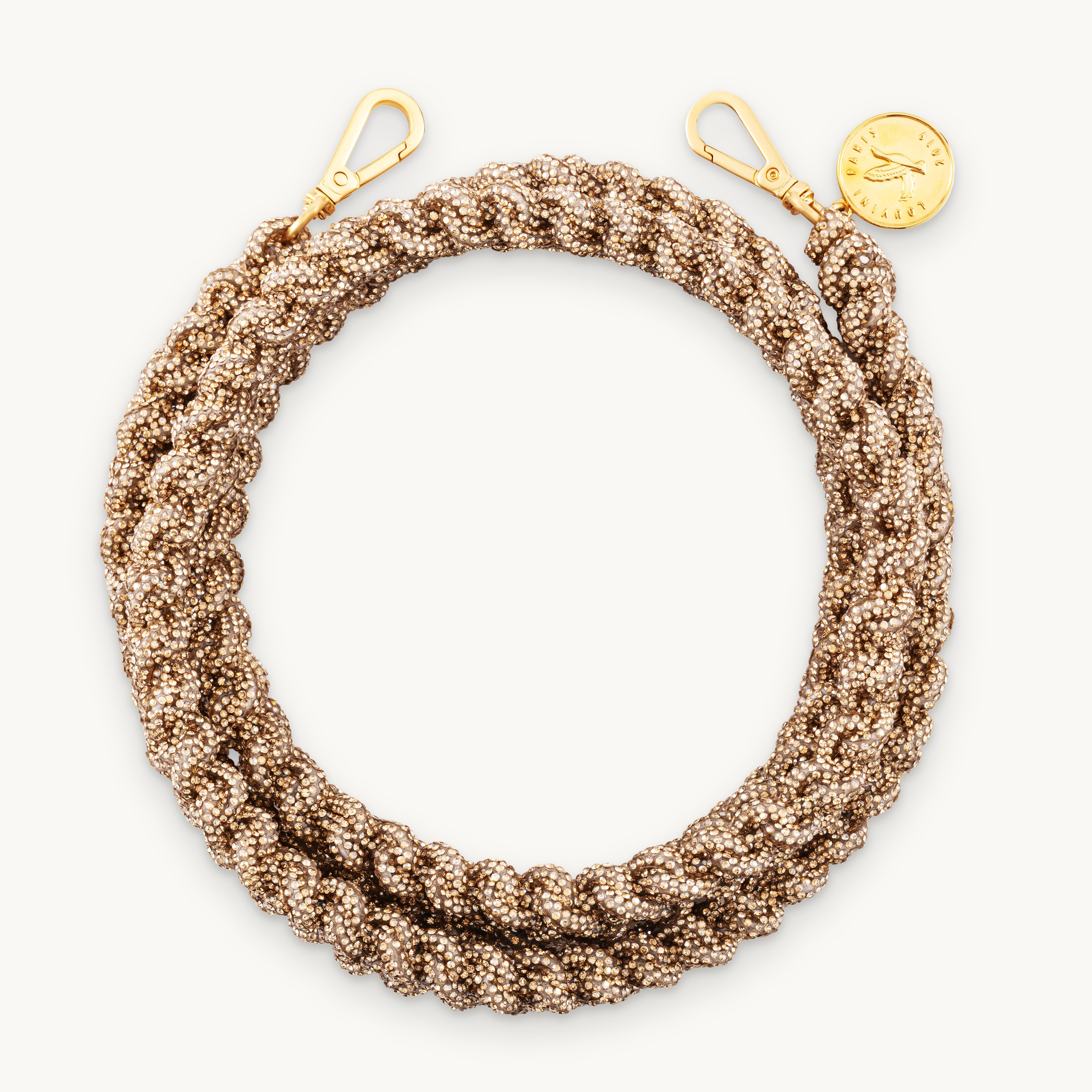 Cordon de telephone bandouliere tresse a strass dore