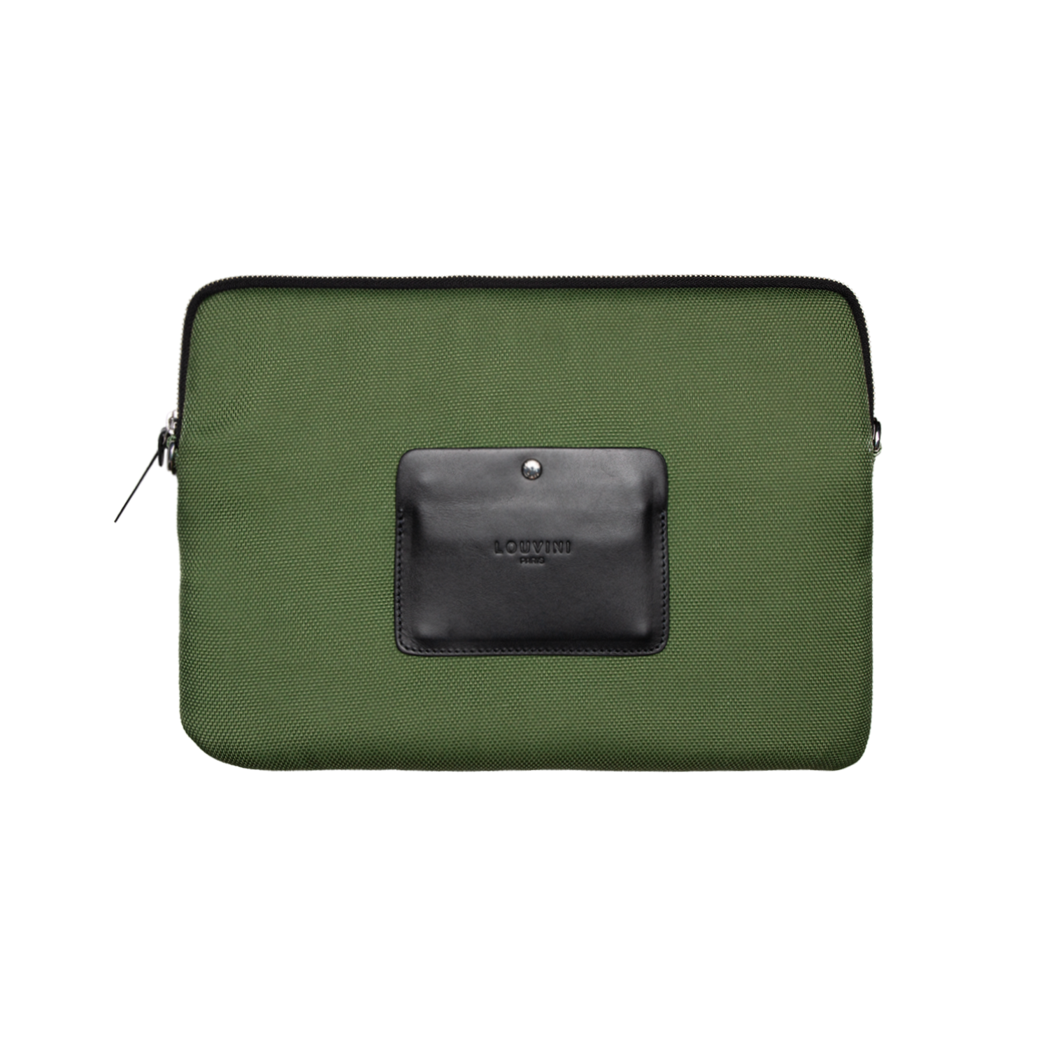 Pochette en tissu kaki avec détail en cuir noir, accessoire élégant et pratique