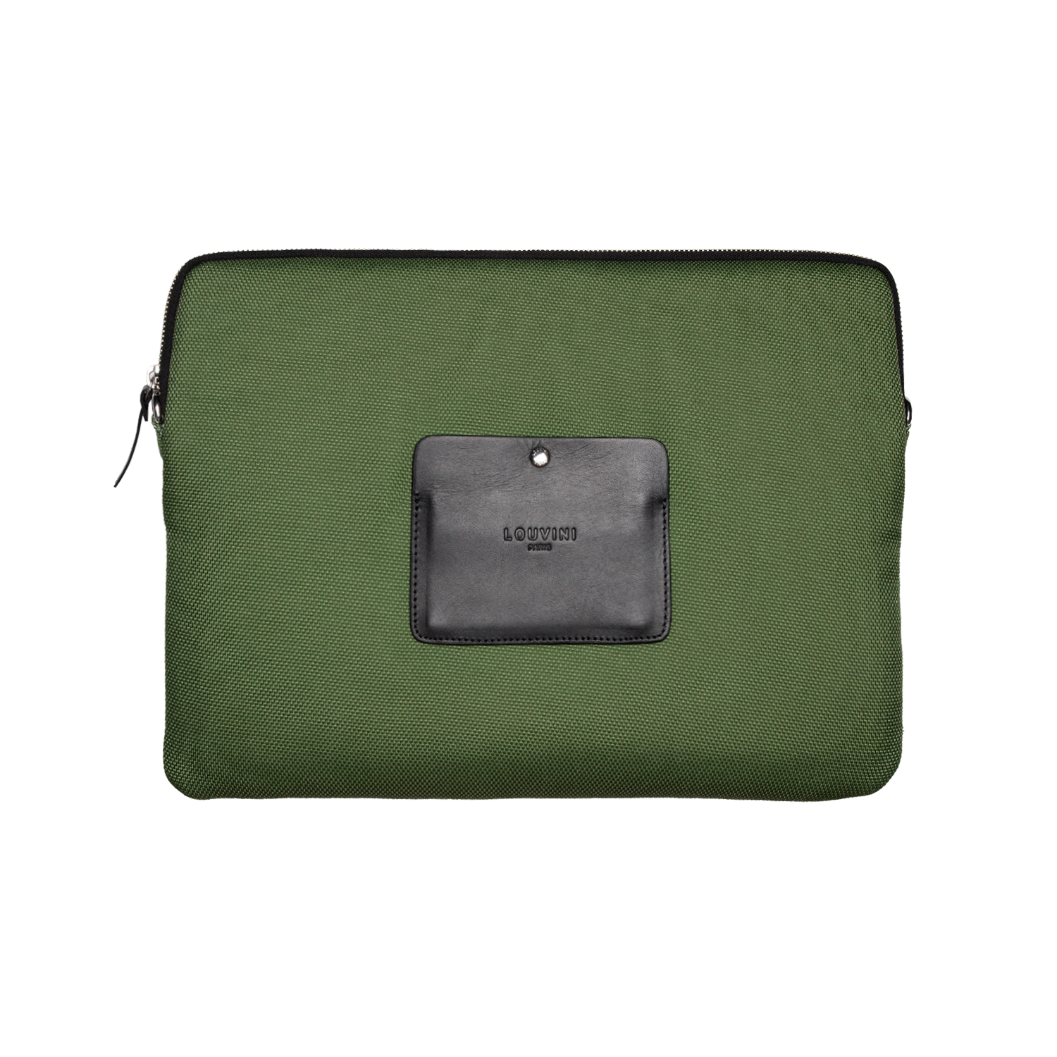 Pochette en tissu kaki avec détail en cuir noir, accessoire élégant et pratique