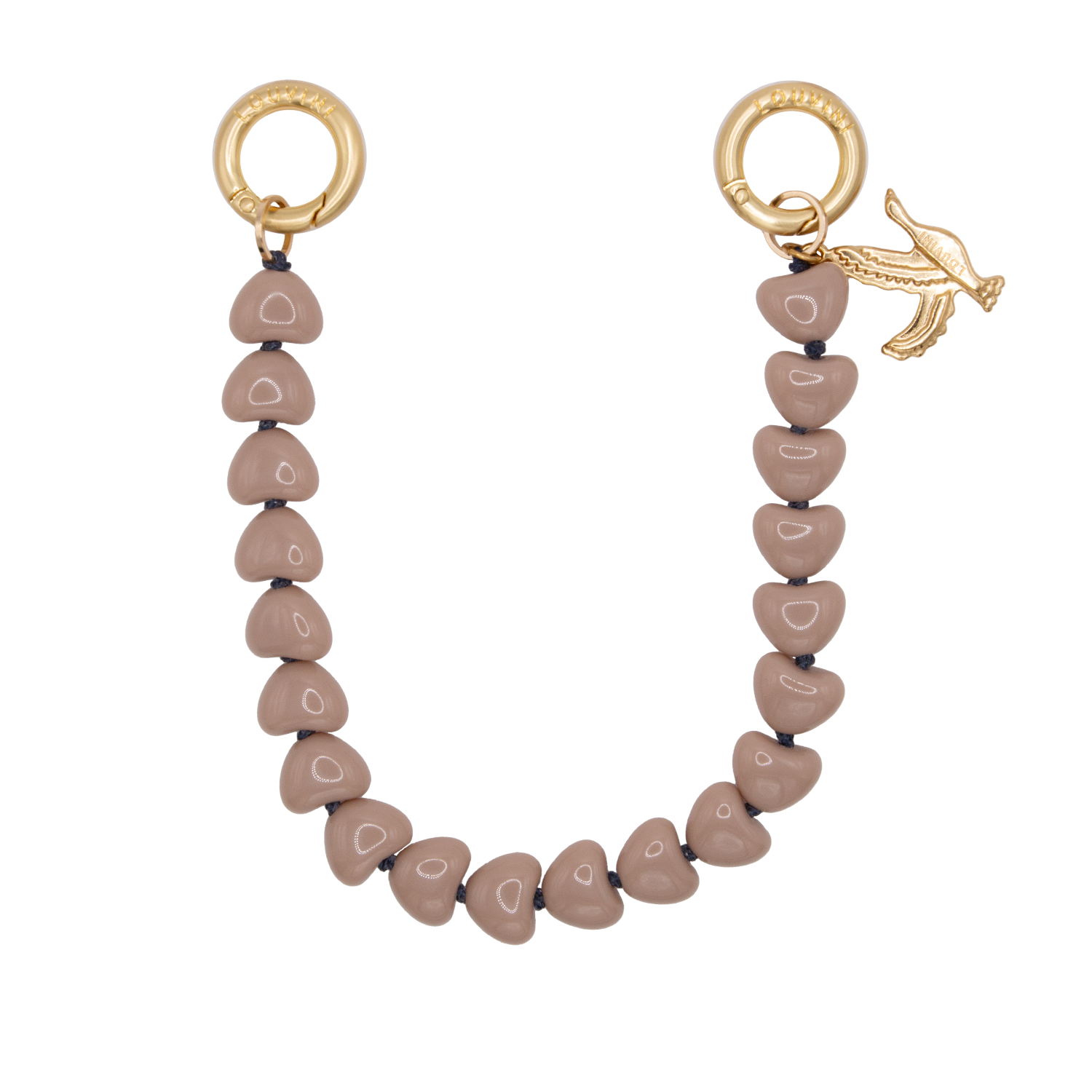 Petite chaîne bracelet de téléphone avec petits cœurs en résine beige taupe et anneaux dorés