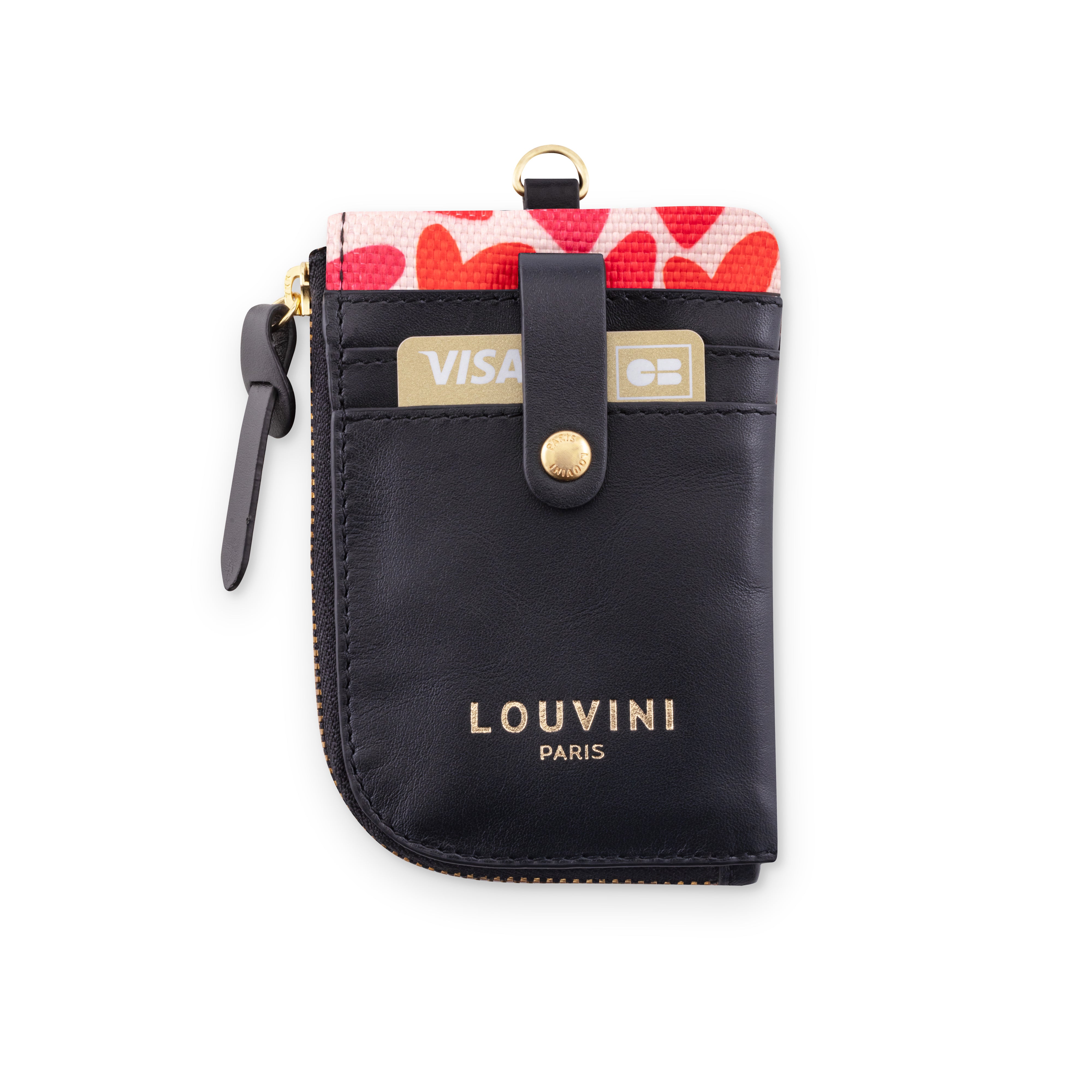 Porte-cartes en tissu et cuir avec cœurs roses, porte-monnaie à accrocher au sac, accessoire pratique et tendance