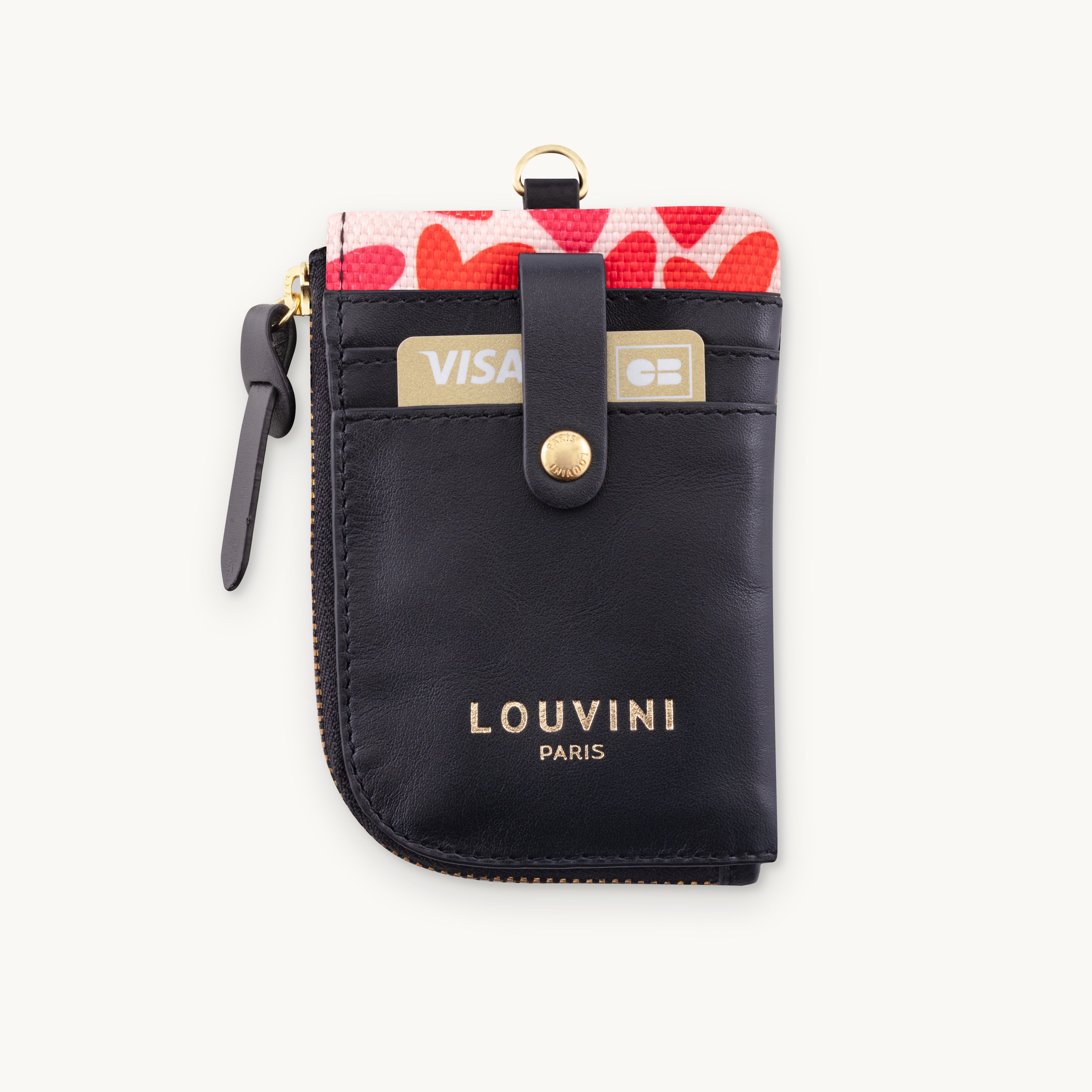 Porte-cartes en tissu et cuir avec cœurs roses, porte-monnaie à accrocher au sac, accessoire pratique et tendance