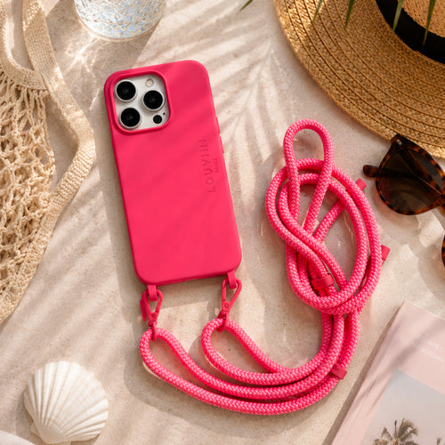 coque iphone rose avec anneaux et cordon de téléphone ajustable rose
