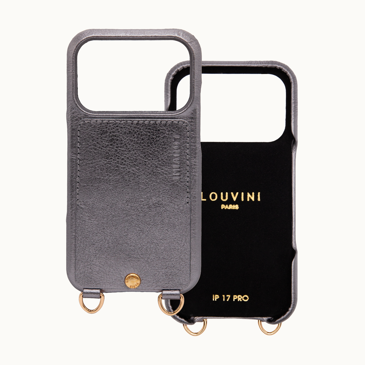 Coque iPhone cuir porte carte avec anneaux LOU - Anthracite Métallisé