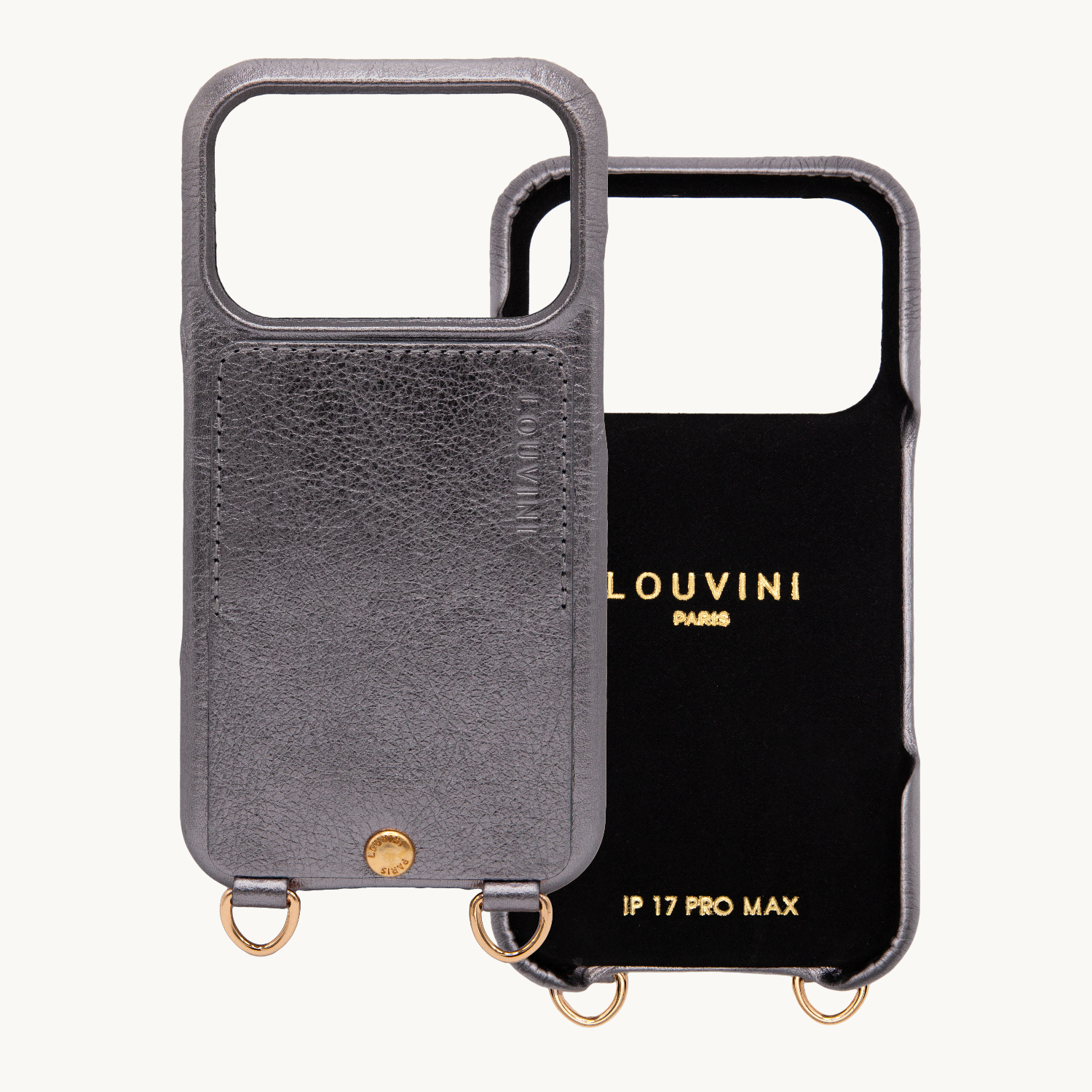 Coque iPhone cuir porte carte avec anneaux LOU - Anthracite Métallisé