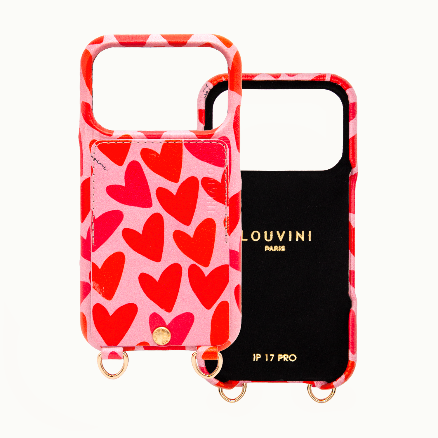 Coque iPhone cuir porte carte avec anneaux LOU - Coeurs