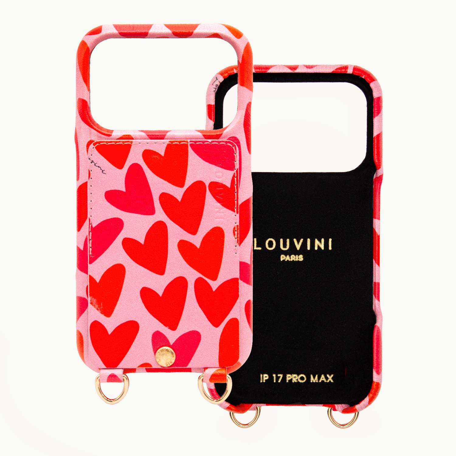 Coque iPhone cuir porte carte avec anneaux LOU - Coeurs