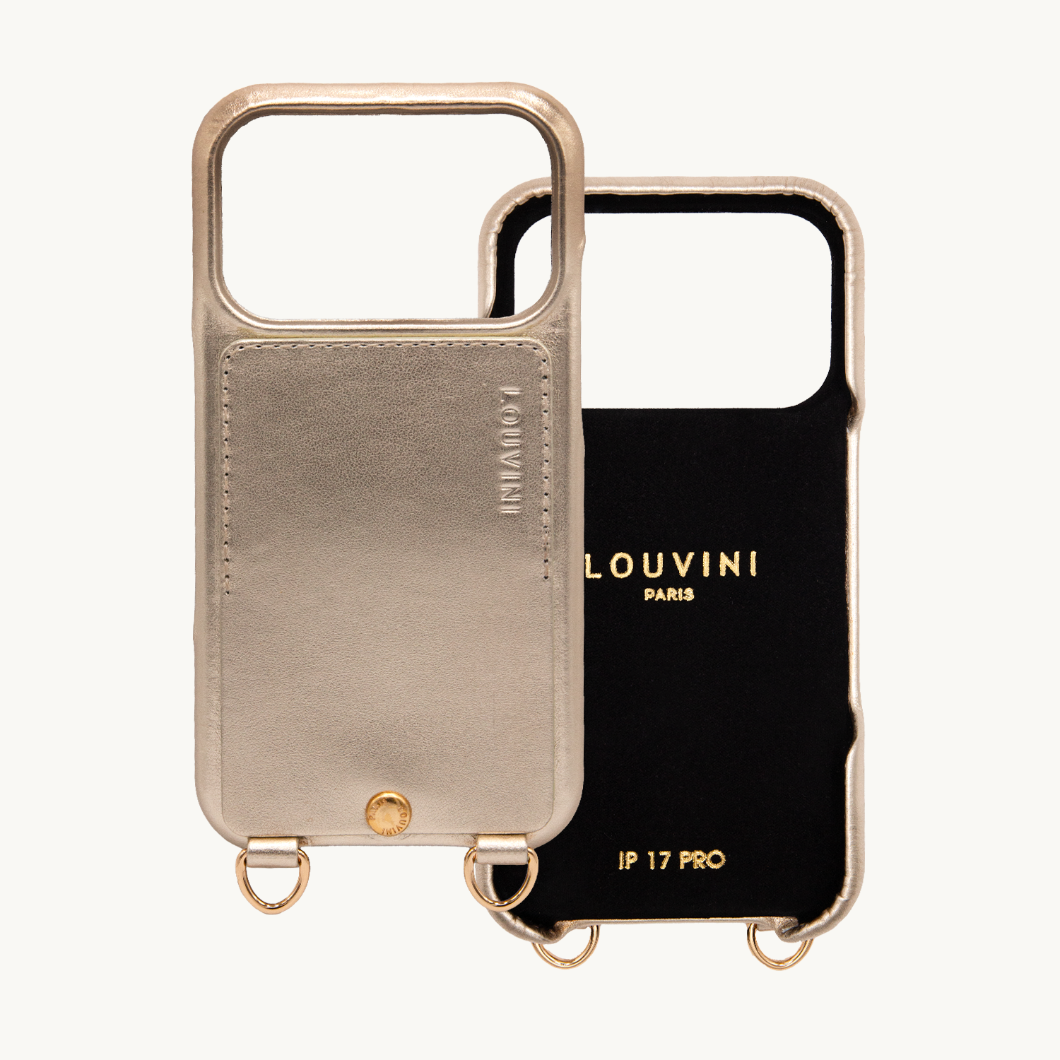 Coque iPhone cuir porte carte avec anneaux LOU - Doré métallisé