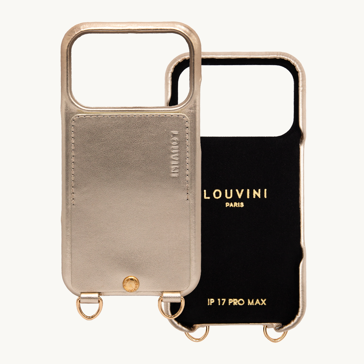 Coque iPhone cuir porte carte avec anneaux LOU - Doré métallisé