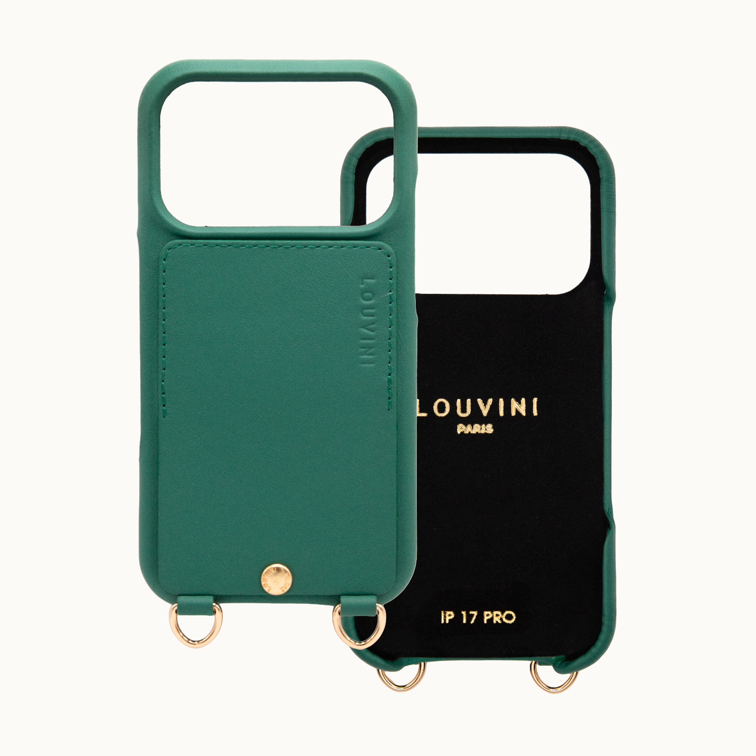 Coque iPhone cuir porte carte avec anneaux LOU - Emeraude
