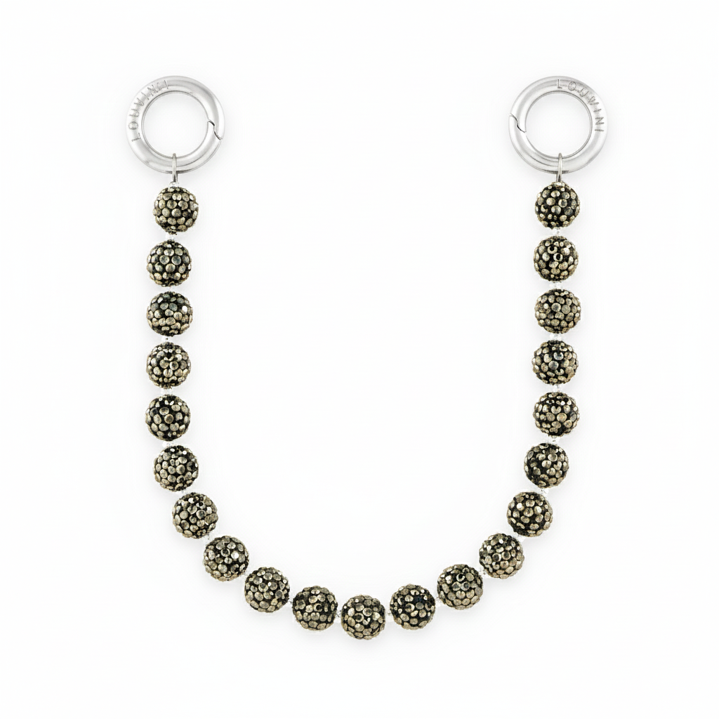 bracelet de telephone a strass anthracite et anneaux argentes