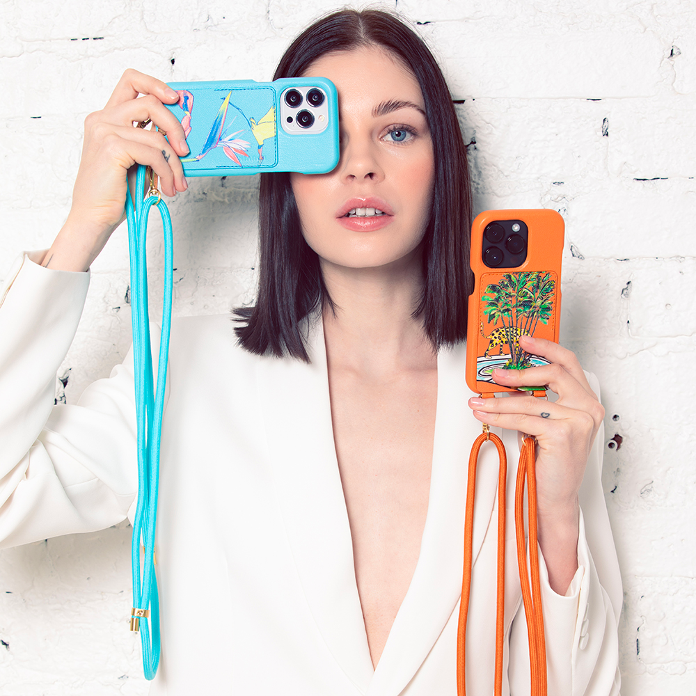 coques en cuir bleu turquoise et orange filipe jardim et cordons de téléphone ajustables