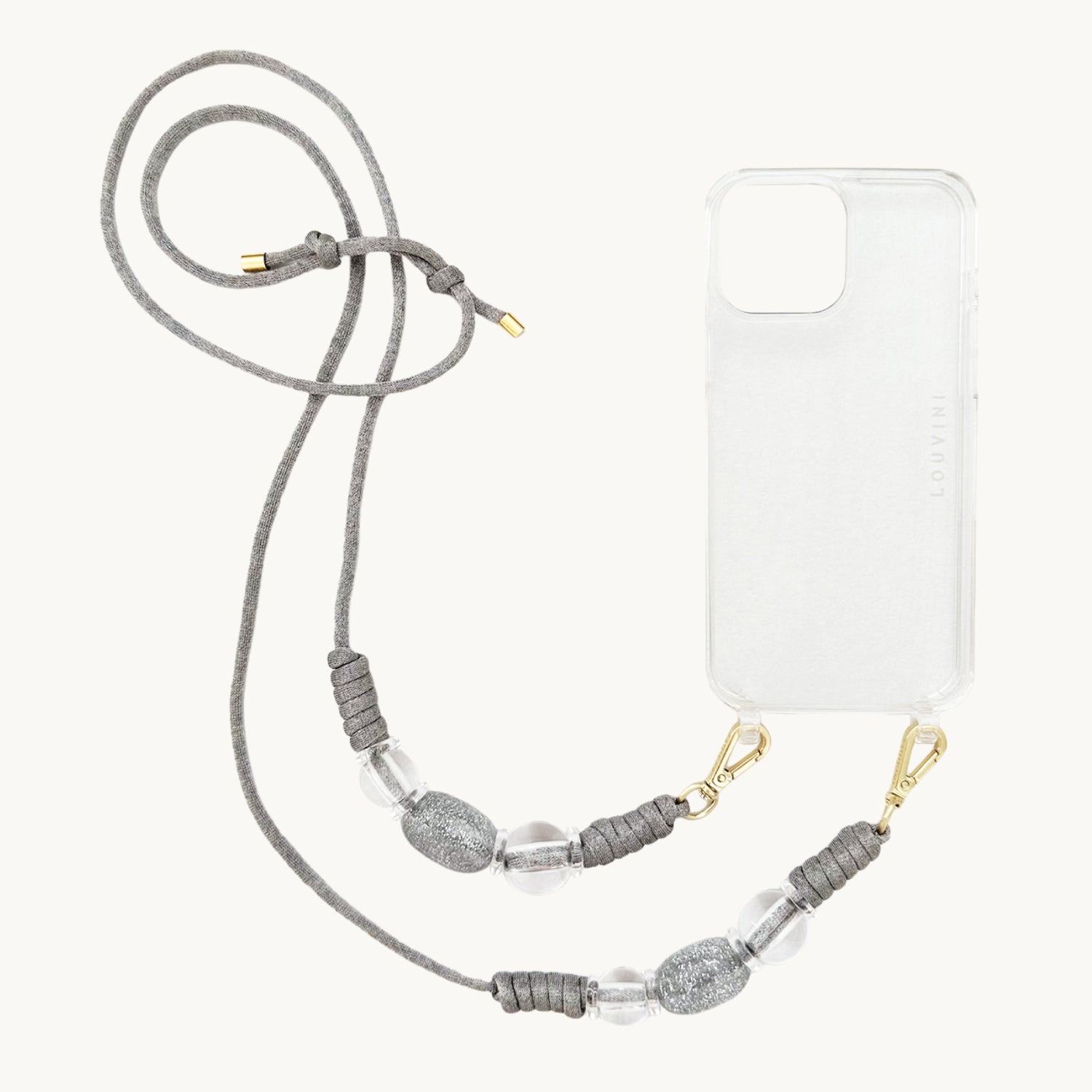 bandouliere pour coque telephone gris a perles avec mousquetons et coque transparente