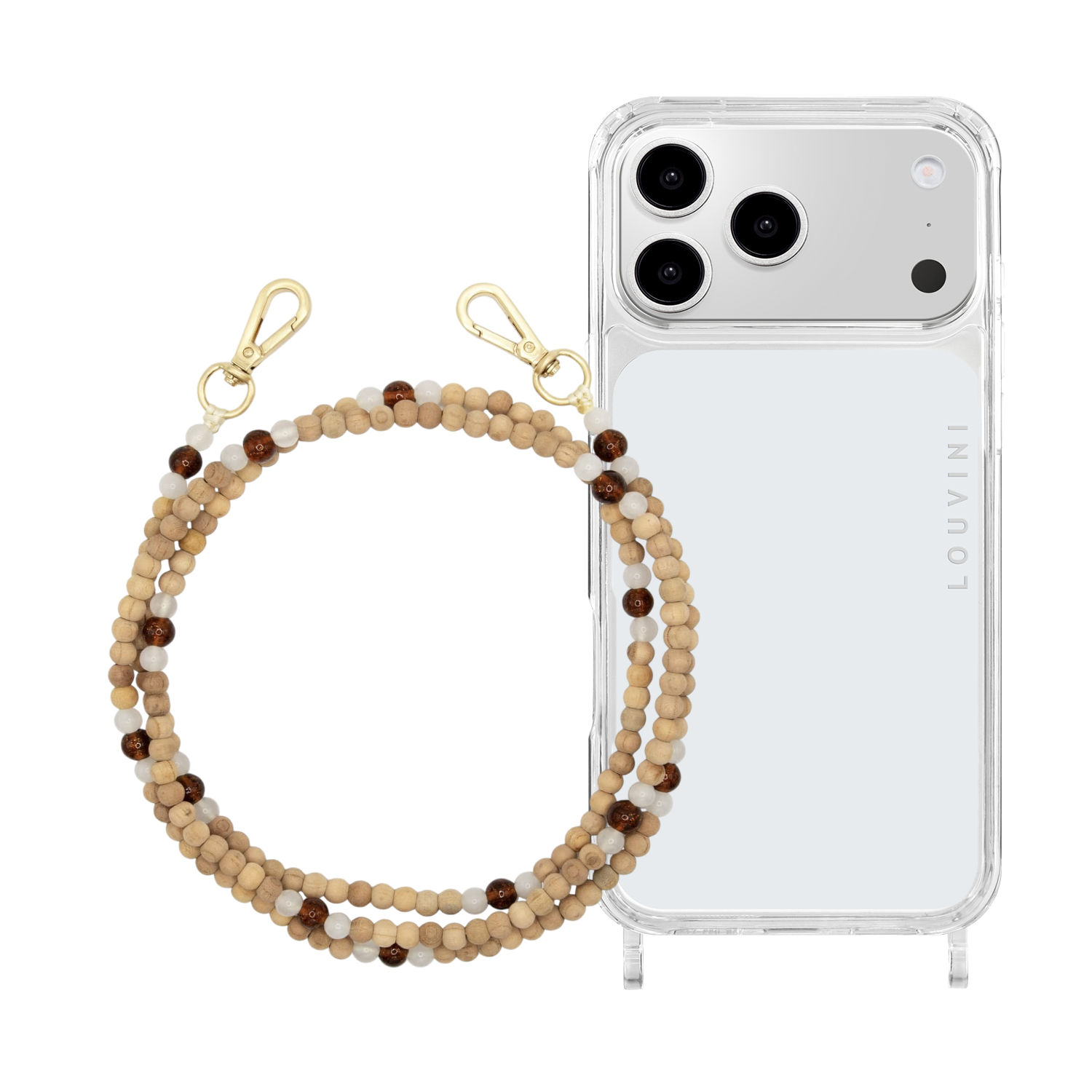 Coque iPhone CHARLIE & chaîne ARIELLE Blanc-Marron Sparkle