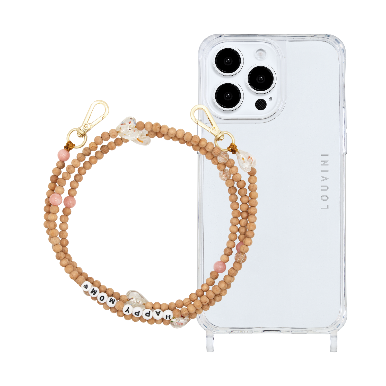 ensemble coque iPhone et chaîne de téléphone en perle de bois 
