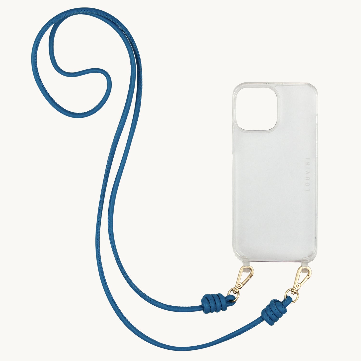 cordon en cuir pour telephone bandouliere bleu azur mousquetons dorés coque transparente