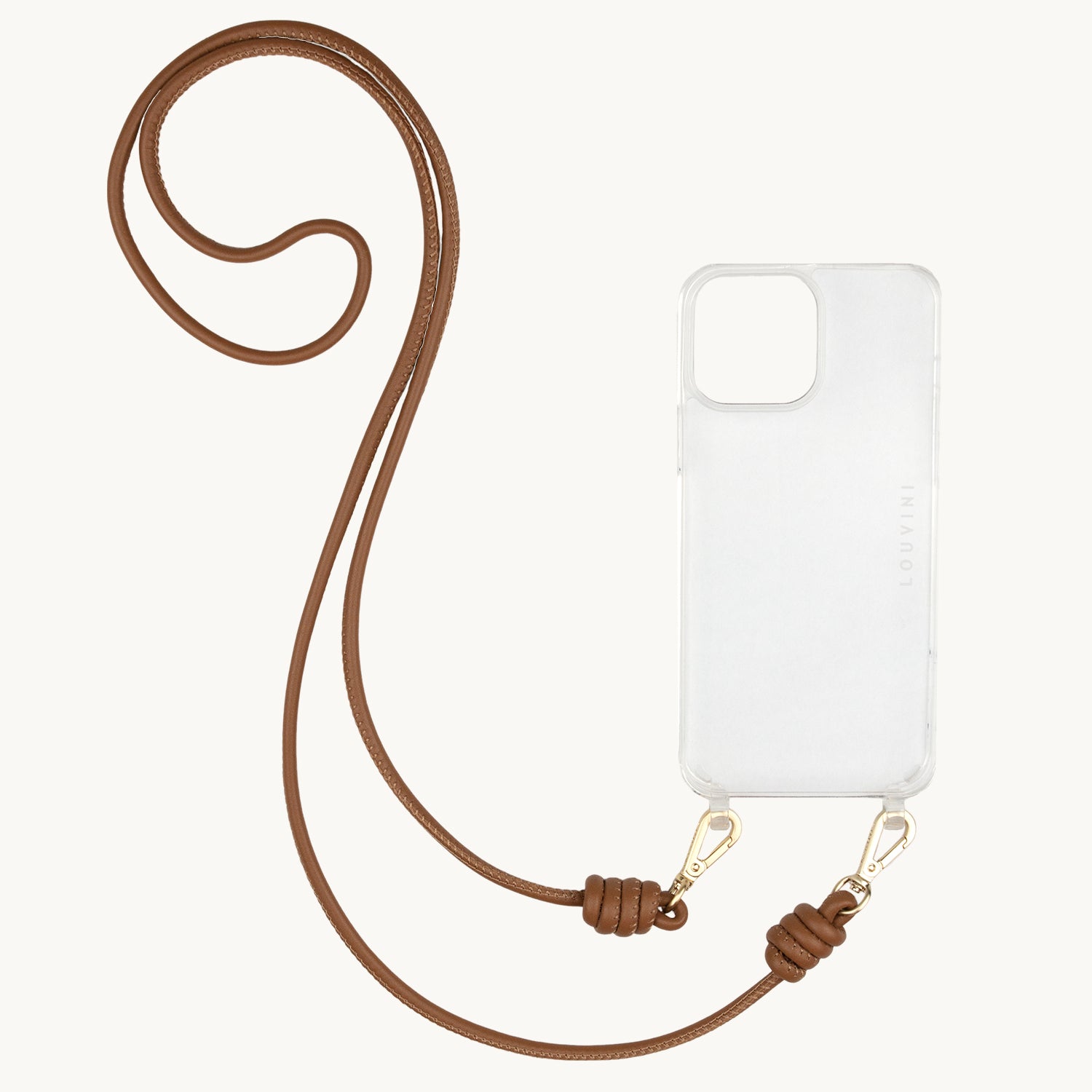 cordon en cuir pour telephone bandouliere camel coque transparente