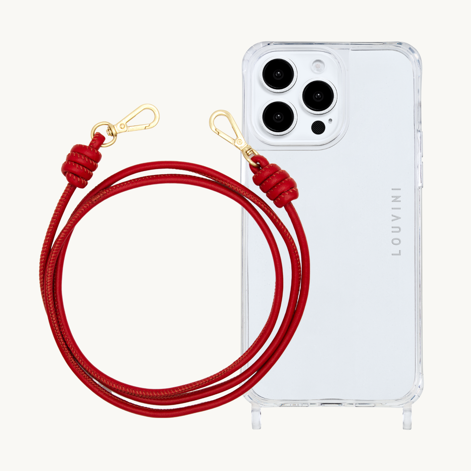 ensemble coque pour téléphone transparente avec cordon cuir rouge 