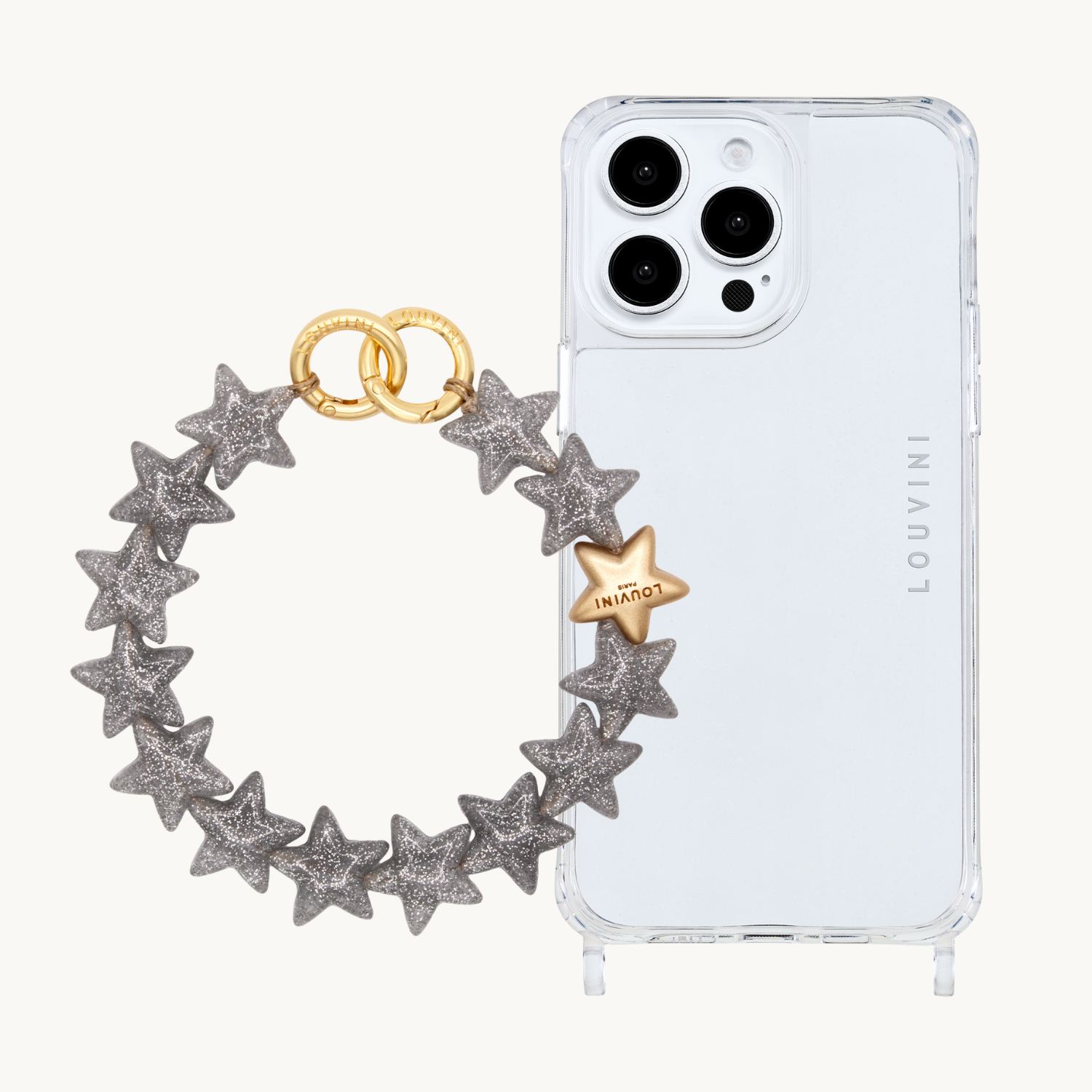 ensemble Coque de téléphone transparente avec bracelet à grosses mailles en résine étoile