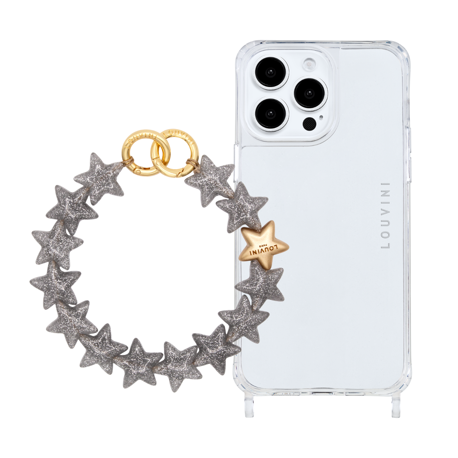 ensemble Coque de téléphone transparente avec bracelet à grosses mailles en résine étoile