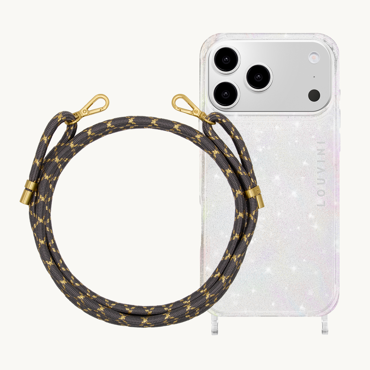 Coque iPhone CHARLIE Sparkle & Cordon TESSA Gris-Doré
