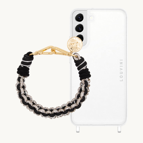 ensemble coque samsung et bracelet de téléphone noir et argenté à strass