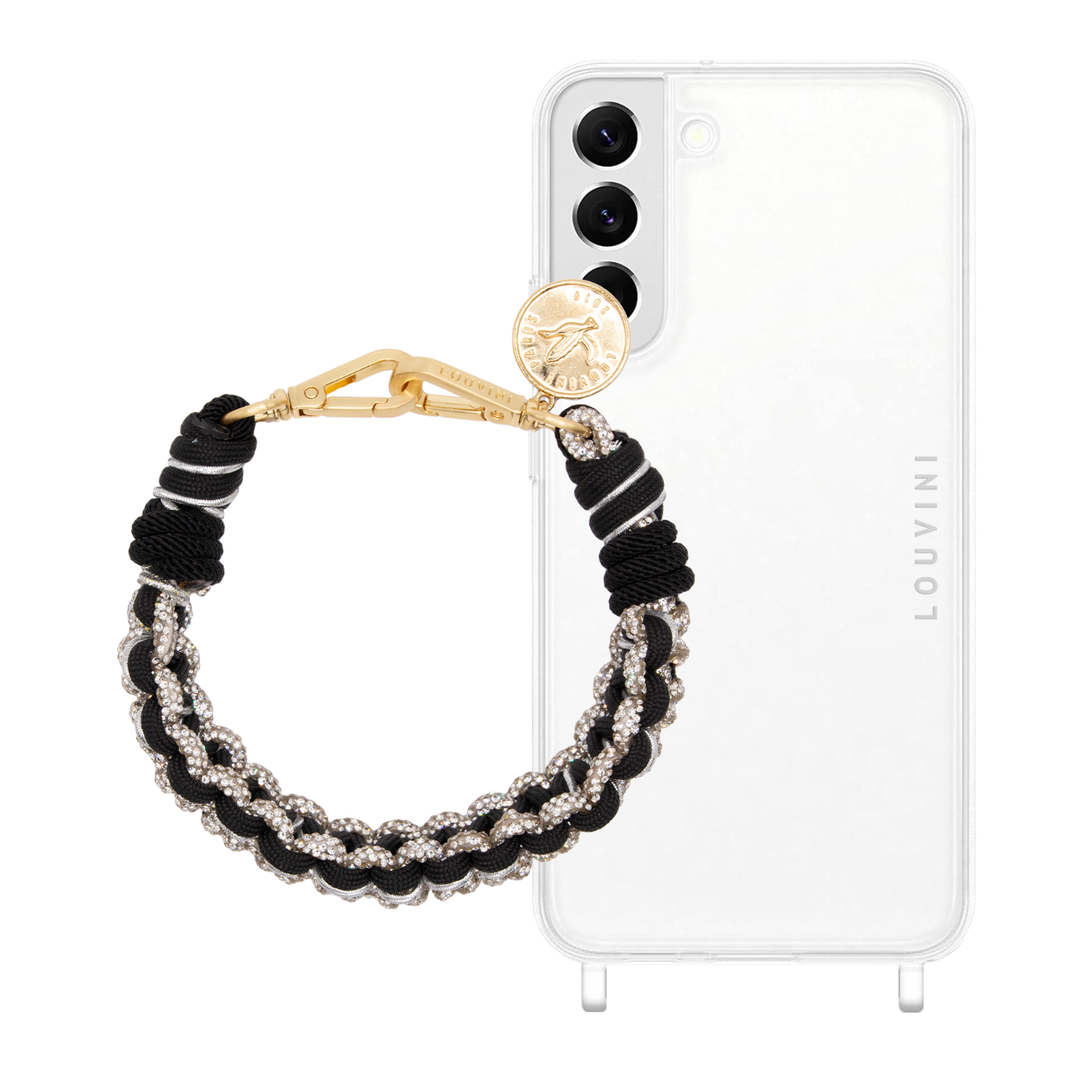 ensemble coque samsung et bracelet de téléphone noir et argenté à strass