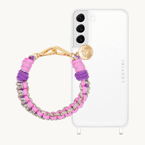 ensemble coque samsung et bracelet de téléphone rose et argenté à strass