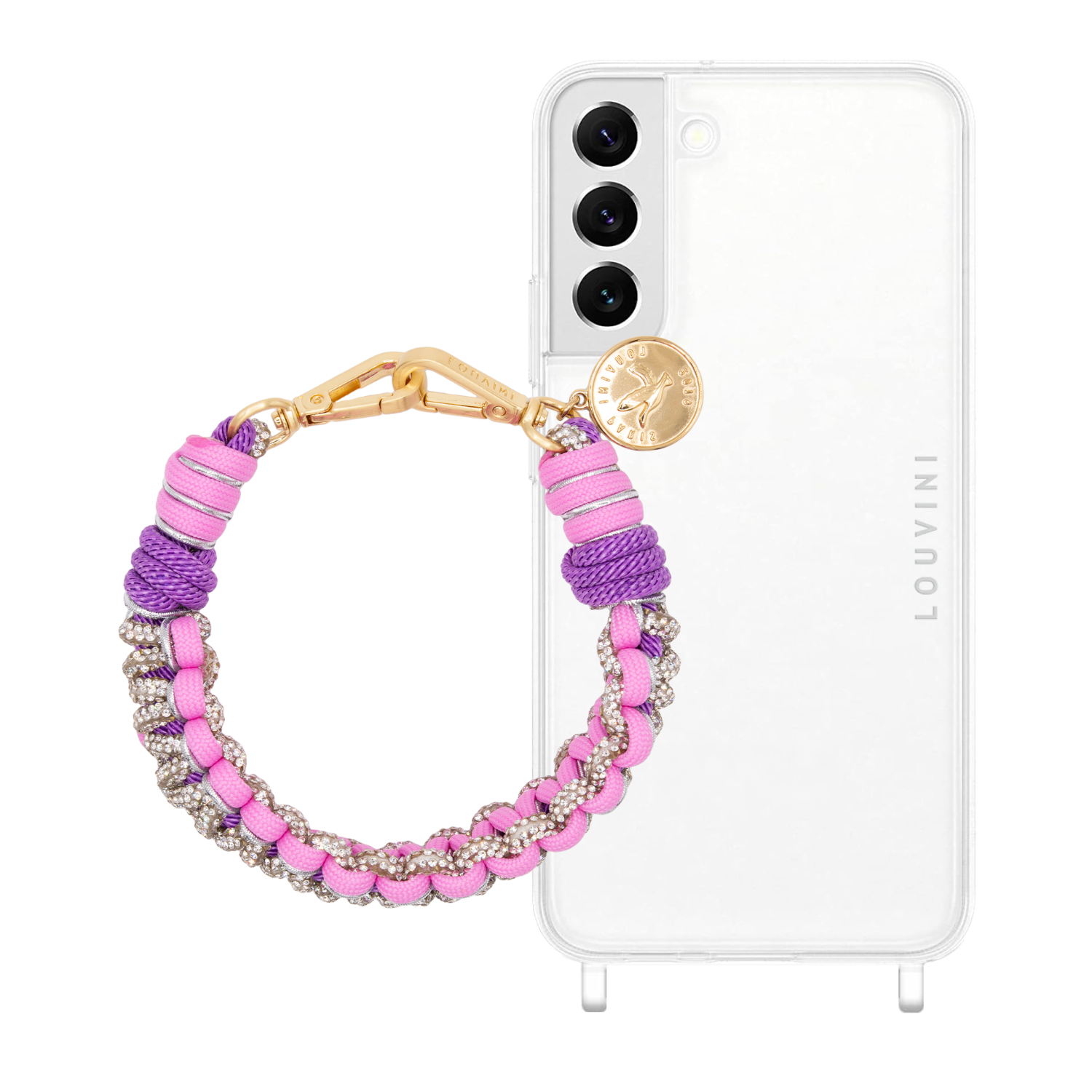 ensemble coque samsung et bracelet de téléphone rose et argenté à strass
