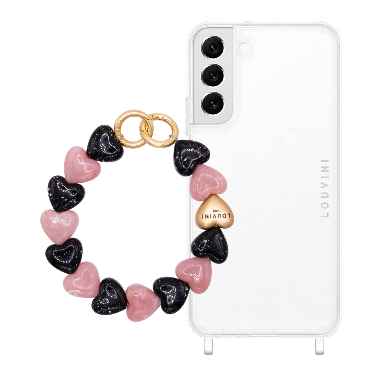 ensemble coque samsung et bracelet de téléphone avec coeurs en résine 