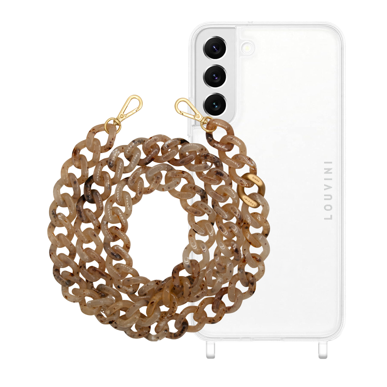 ensemble coque de téléphone transparente avec chaîne beige écaille