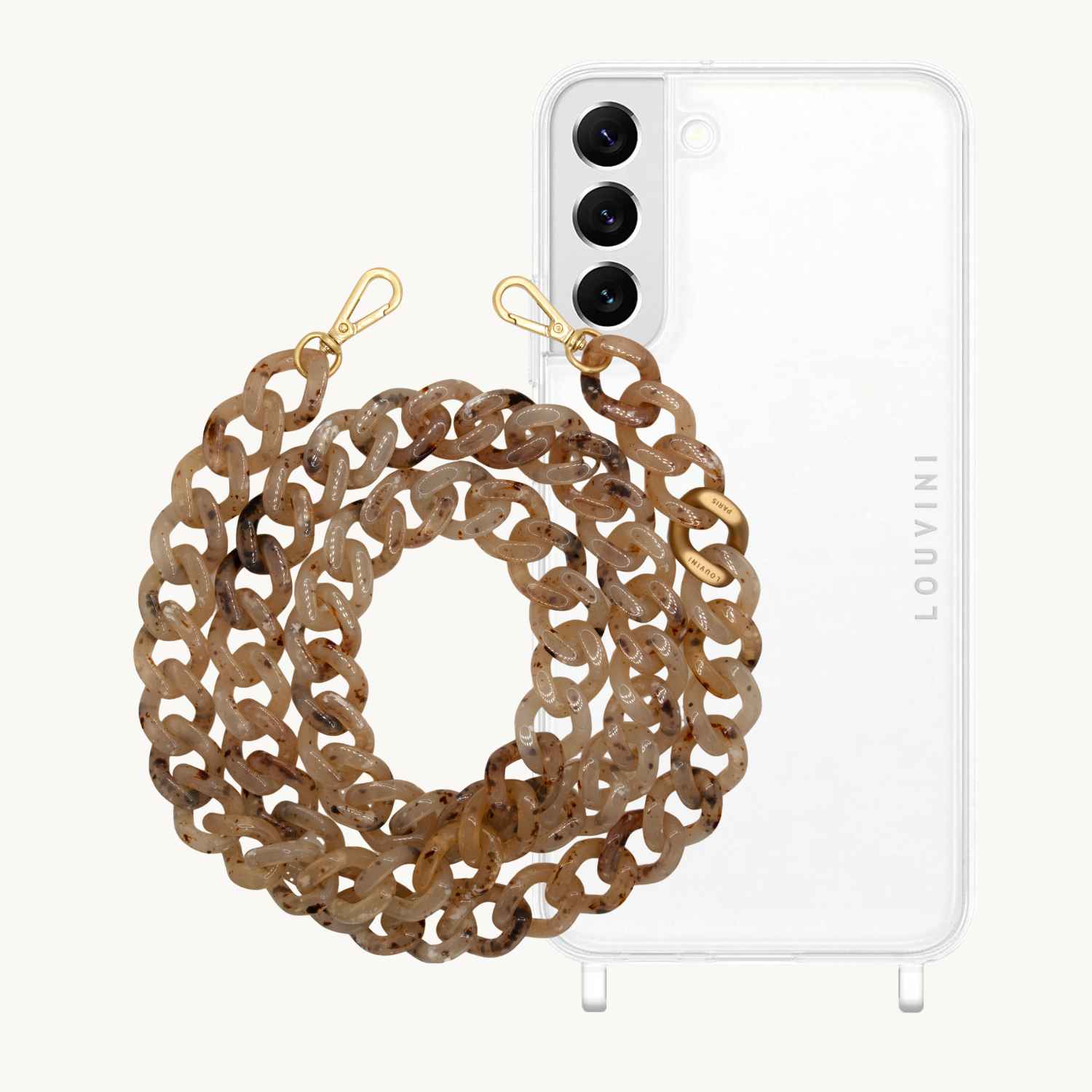 ensemble coque de téléphone transparente avec chaîne beige écaille