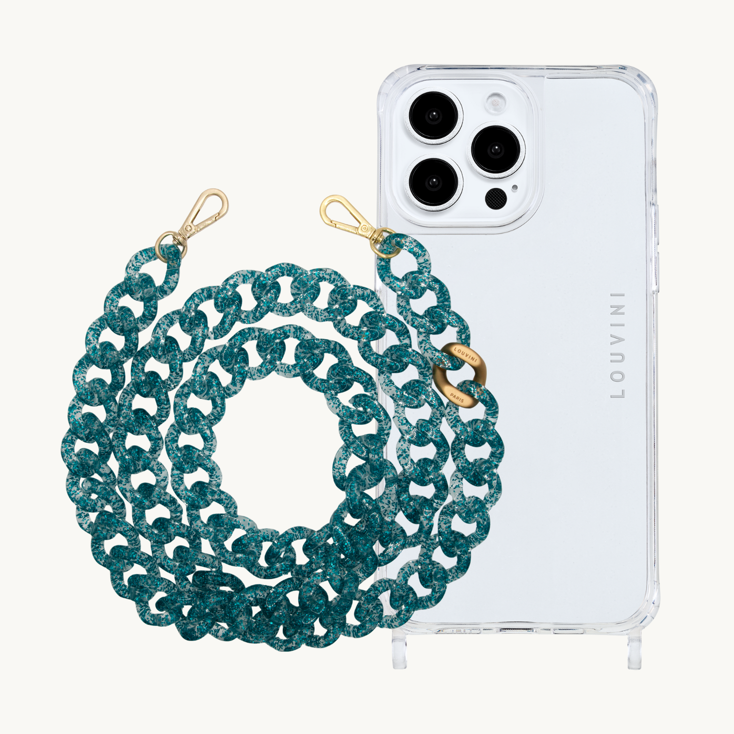ensemble Coque de téléphone transparente avec chaîne à grosses mailles en résine