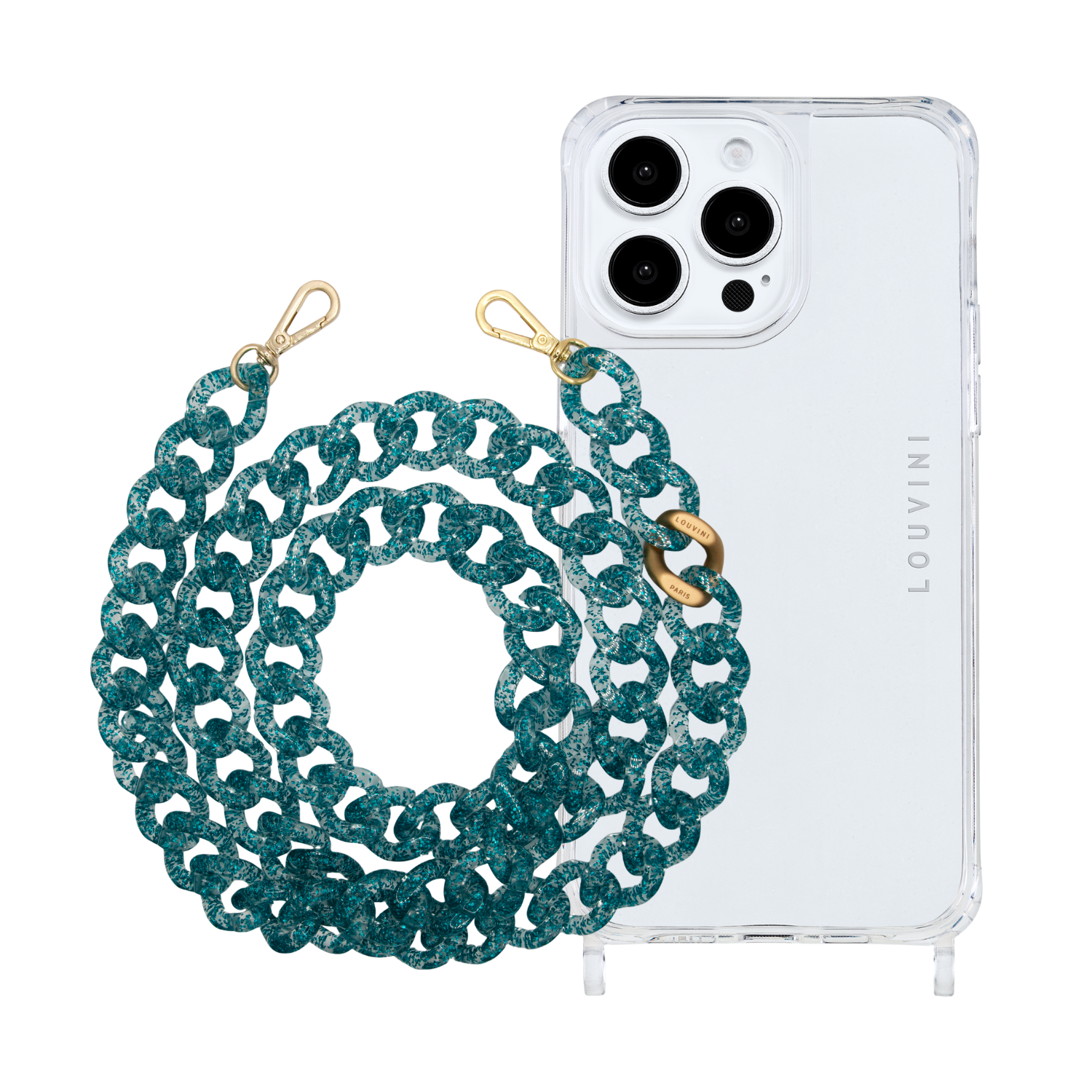 ensemble Coque de téléphone transparente avec chaîne à grosses mailles en résine