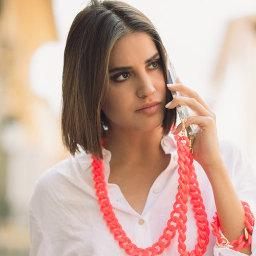 ensemble coque pour téléphone transparente avec chaîne rose fluo 