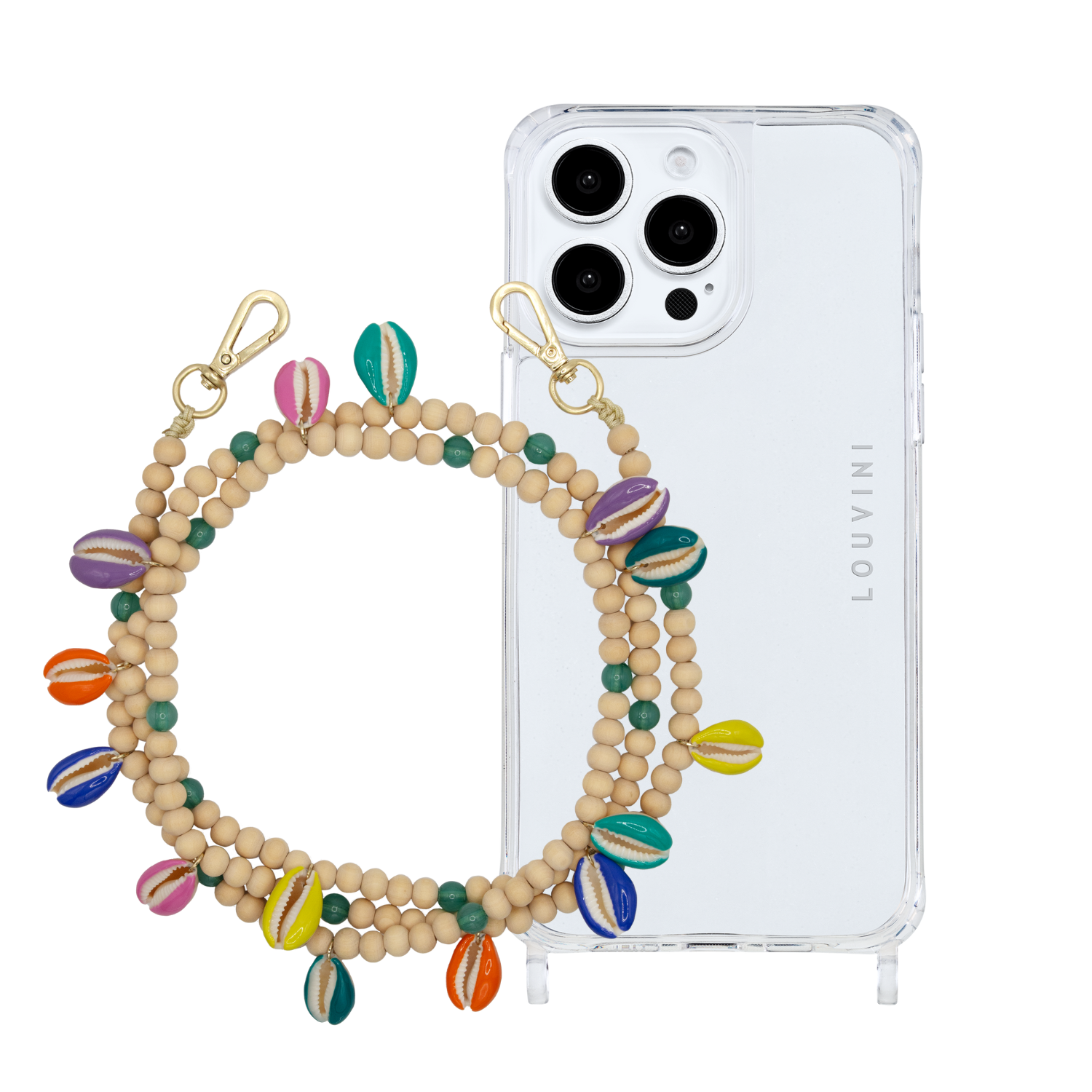ensemble coque de téléphone transparente et chaîne de perle multicolor