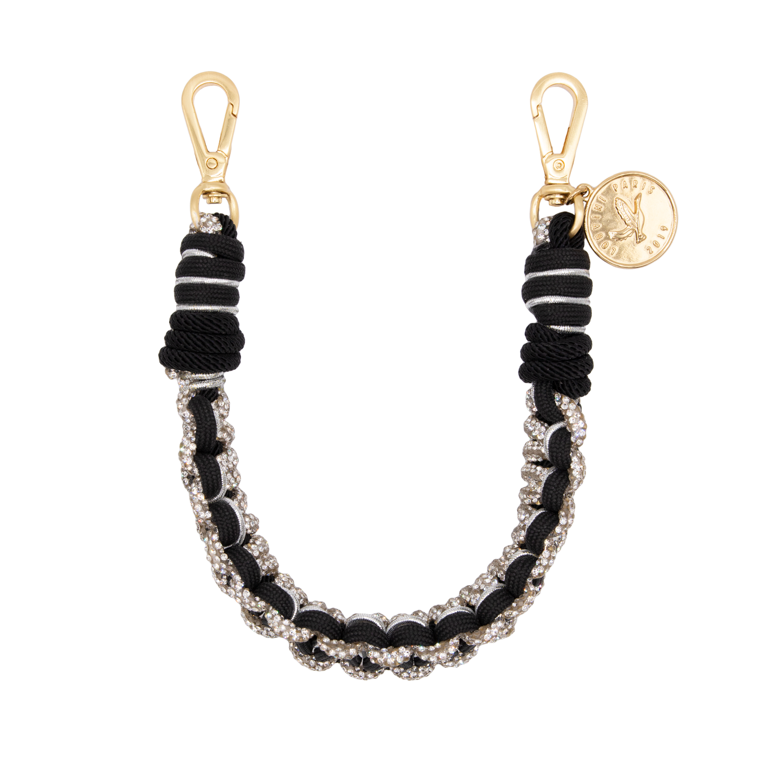 Bracelet de téléphone tressé à strass noir et argenté