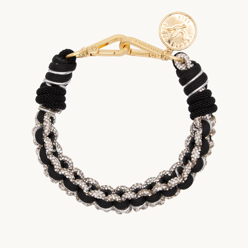 Bracelet de téléphone tressé à strass noir et argenté