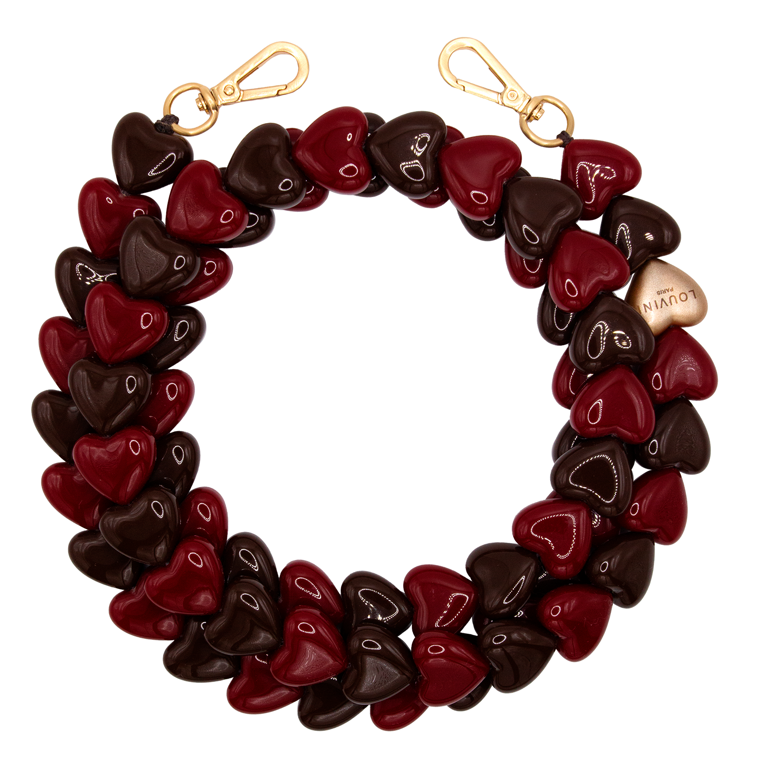 chaine bandoulière pour téléphone à coeurs en résine marron bordeaux et mousquetons